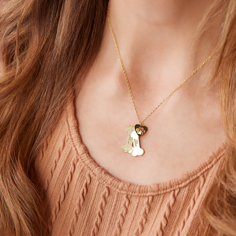 Personalized Dog Name Bone & Paw Necklace