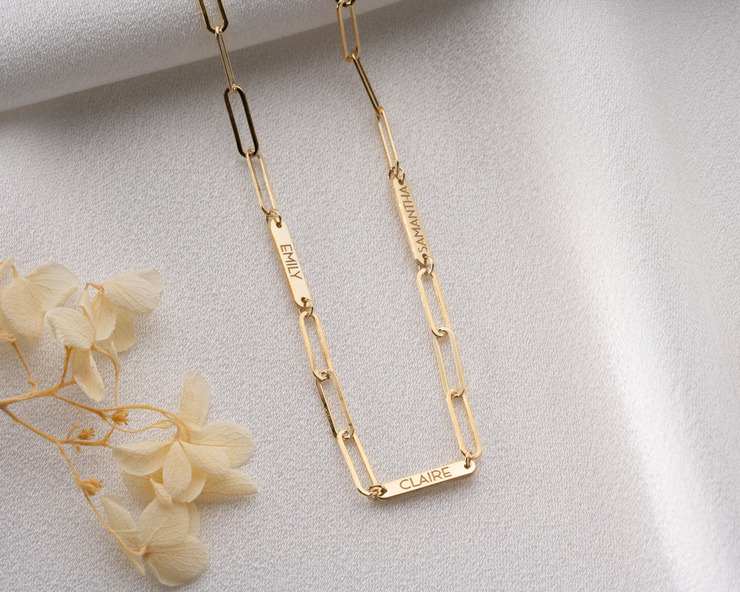 Engraved Tiny Bar Necklace with Paperclip Chain