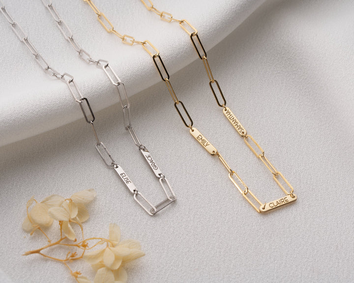 Engraved Tiny Bar Necklace with Paperclip Chain