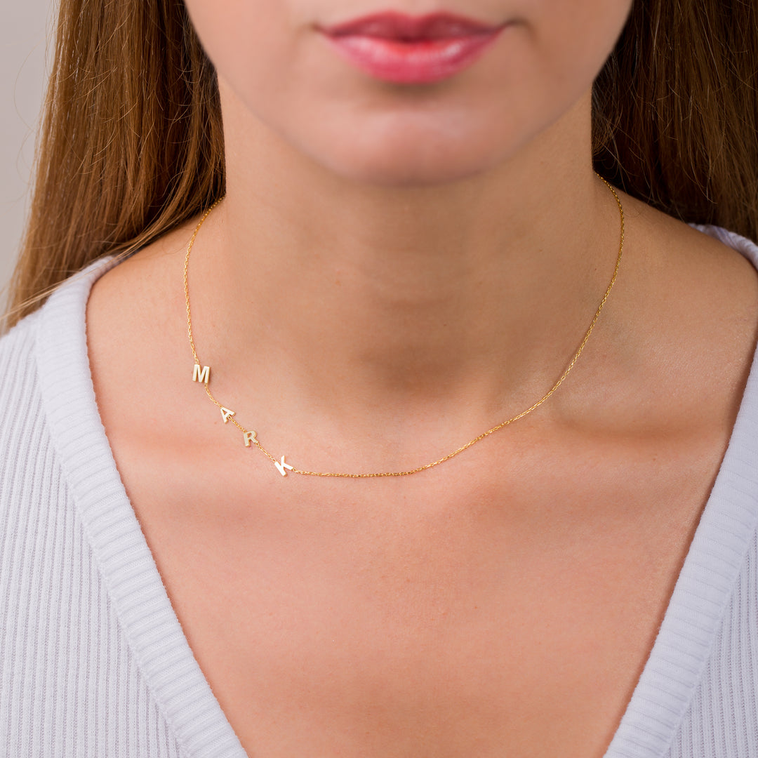 14K Solid Gold Sideways Initial Necklace