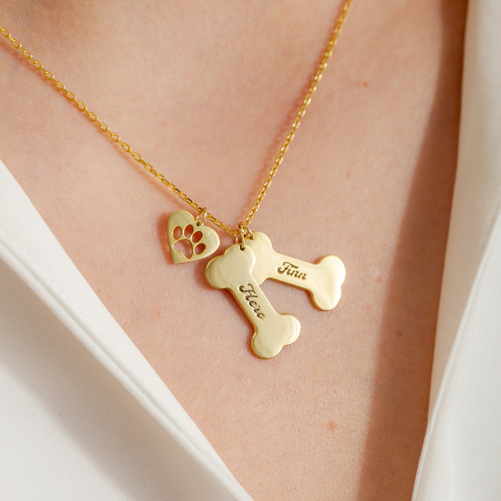Personalized Dog Name Bone & Paw Necklace