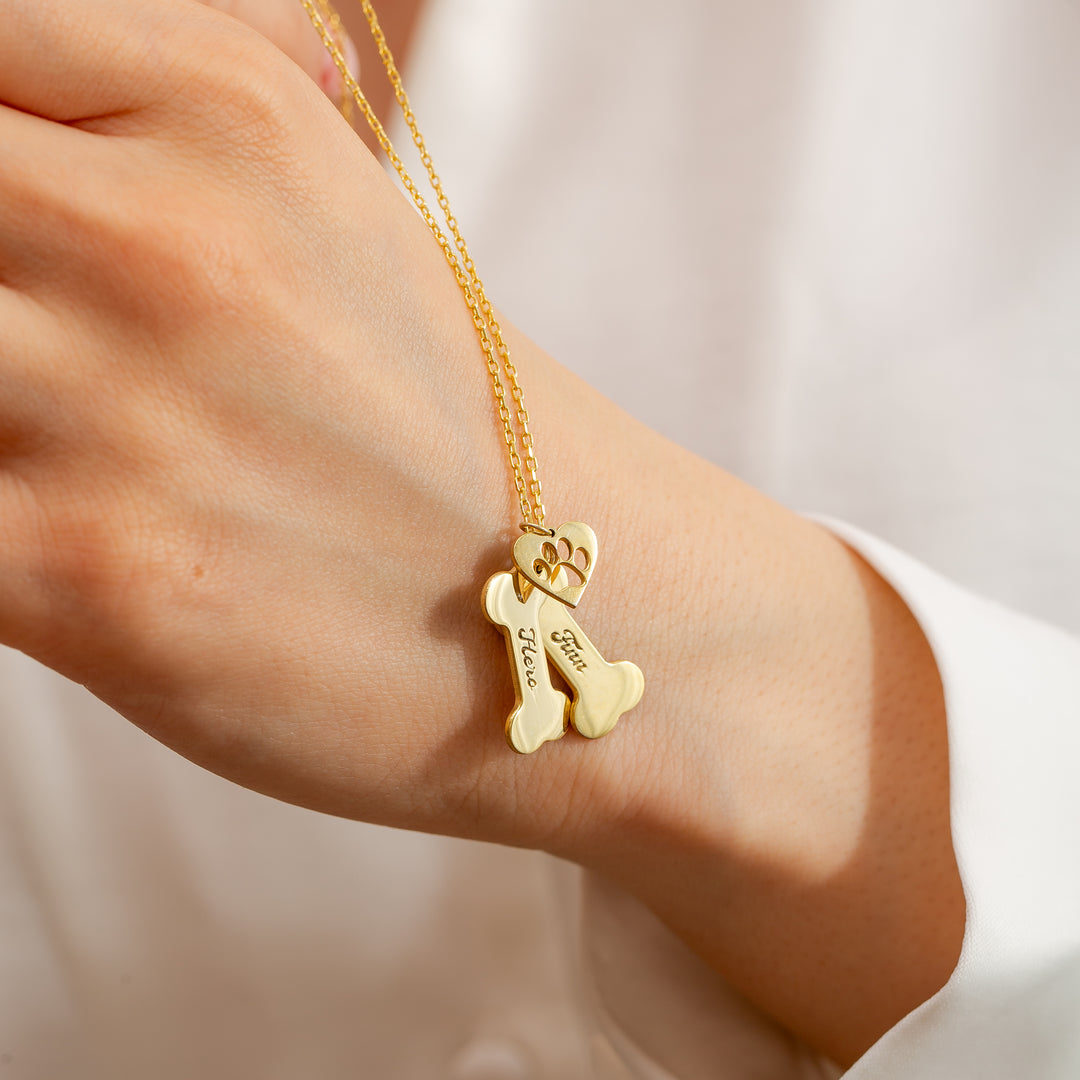 Personalized Dog Name Bone & Paw Necklace