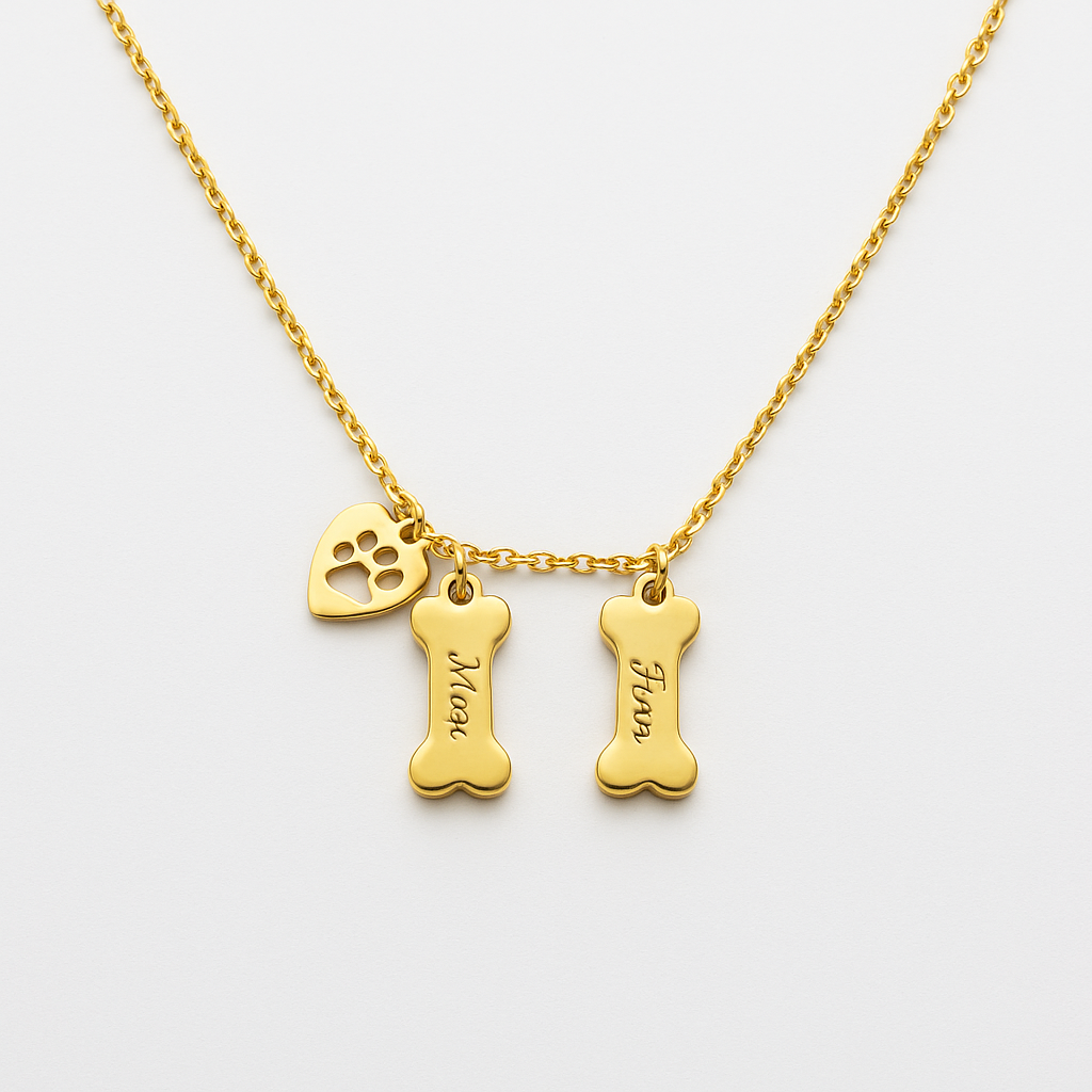 Gold necklace with paw print, bone, and name charms on a light gray background