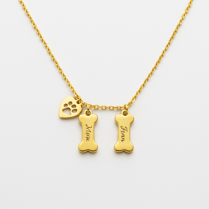 Gold necklace with paw print, bone, and name charms on a light gray background